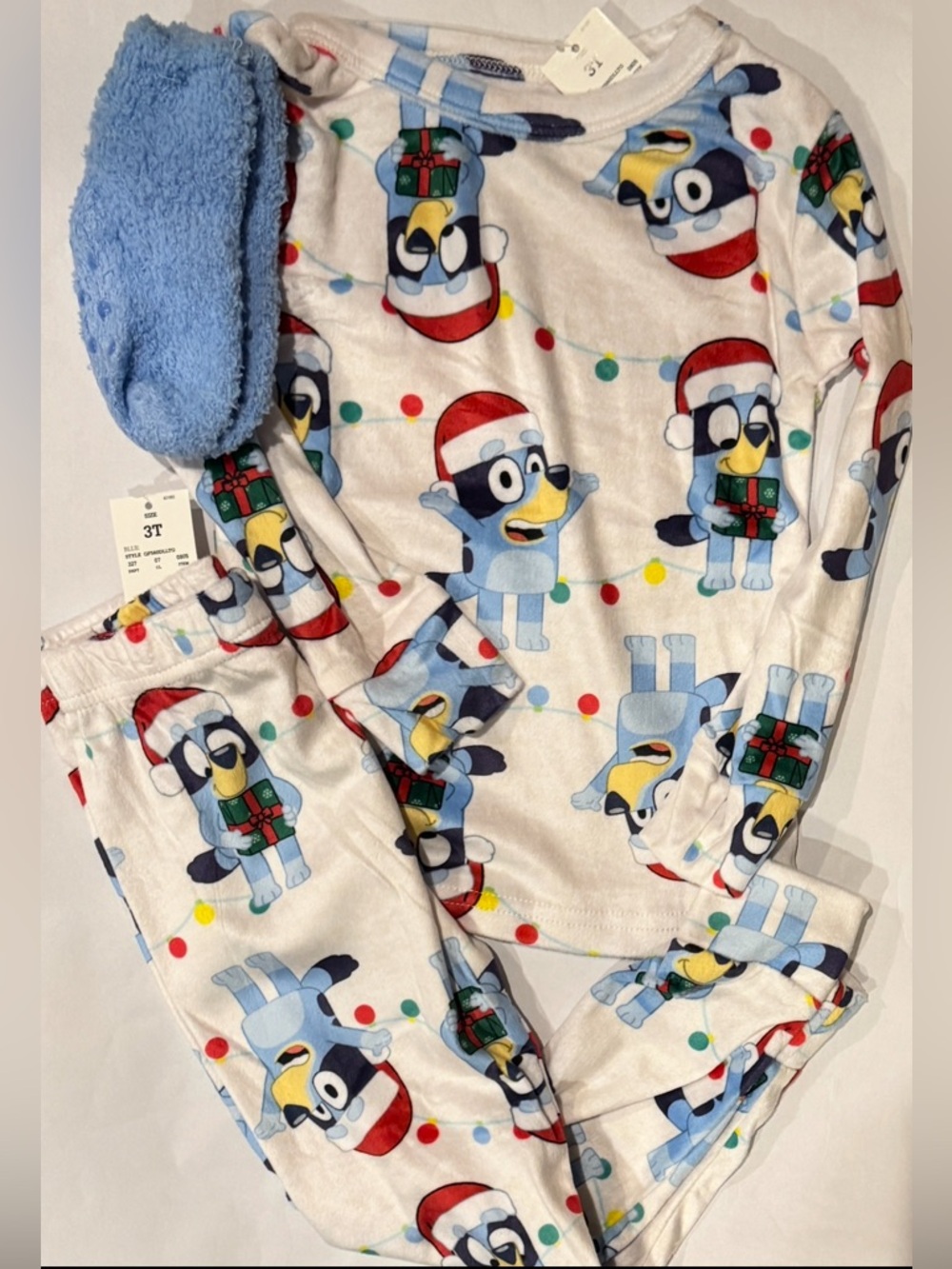 Bluey Holiday Pajamas Boys 3T Girls 3T Bluey Festive Santa Hat Christmas Lights